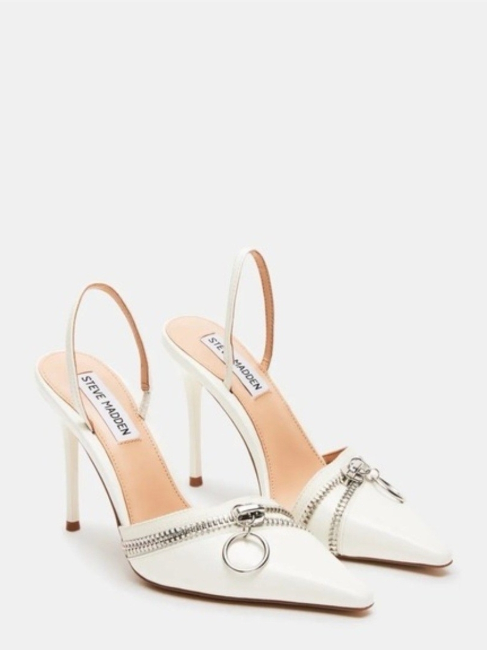 Steve Madden White Pointed Slingback Heels with Chain Detail